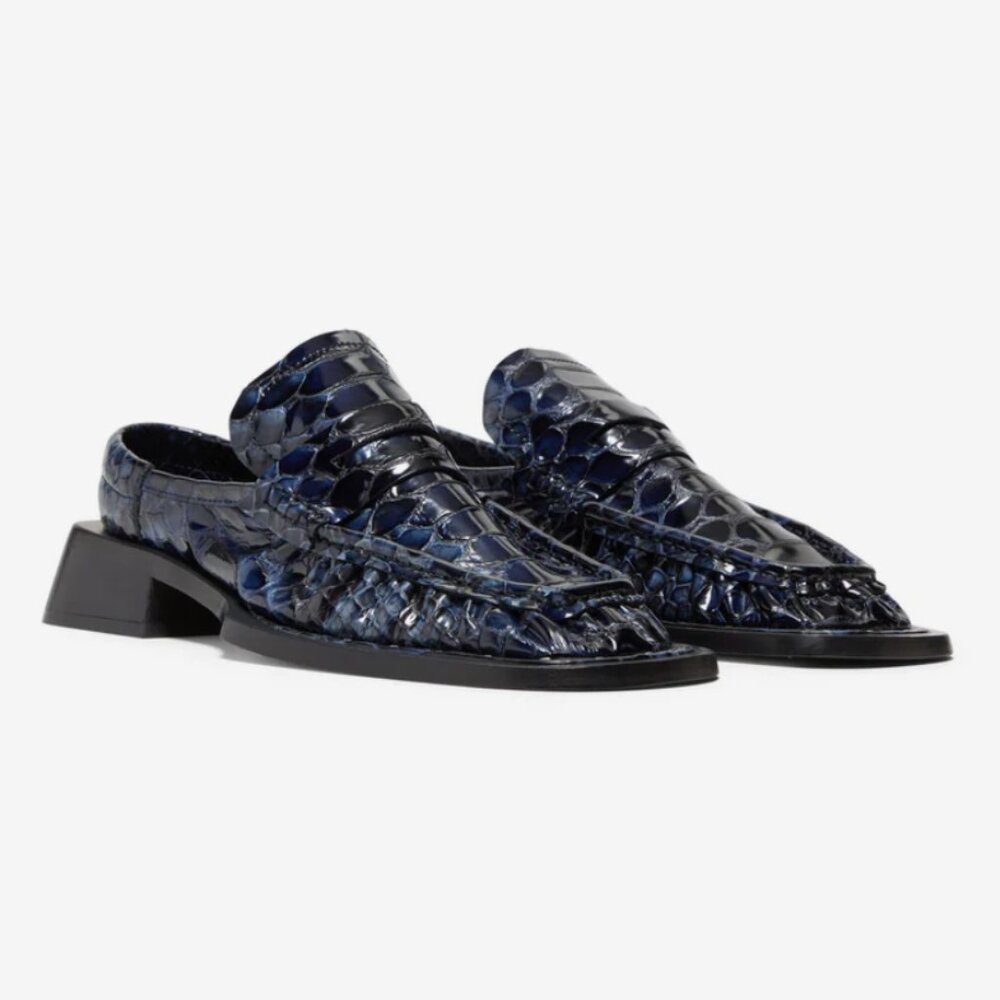 NEW IN BOX Miista Isla Navy Snake Loafer Mules